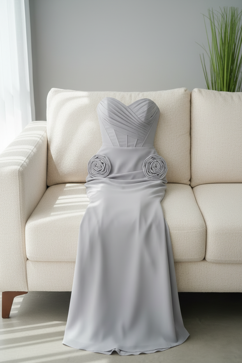 Vestido Gris Plata Strapless Corset Rosas 3D Sirena cod.V699