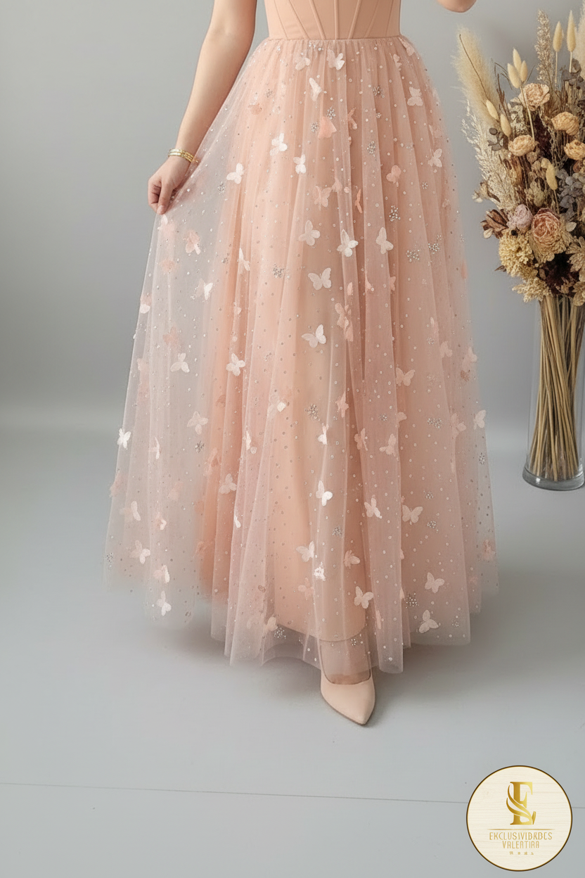 Vestido Melocotón Corset Tul Mariposas D cod.V392