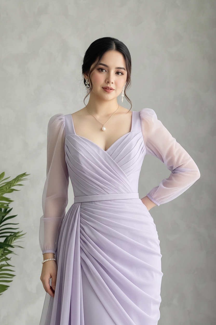 Vestido Lila Lavanda — Escote V Cruzado, Manga Tul & Drapeado en Cascada cod.885