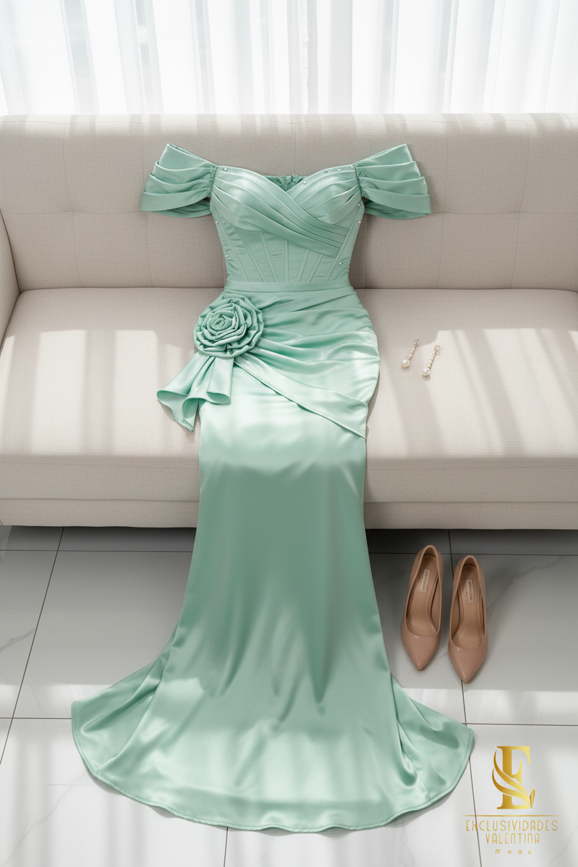 Vestido Verde Sage Satén Off-Shoulder Corset con Rosa 3D Sirena cod.V290