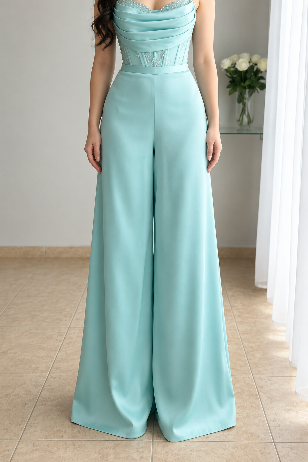 Enterizo verde agua bustier drapeado con perlas y pantalón palazzo cod. E0009
