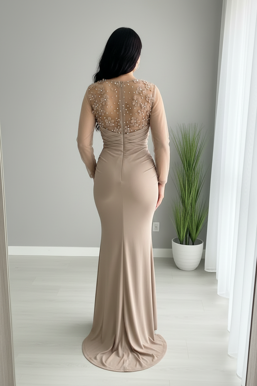 Vestido Beige Dorado Sirena Manga Larga Tul Flores 3D Perlas cod.V689