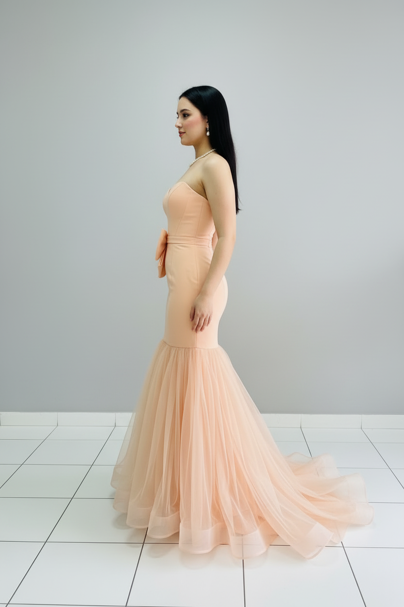 Vestido Peach Strapless Bow Sirena con Tul cod.608