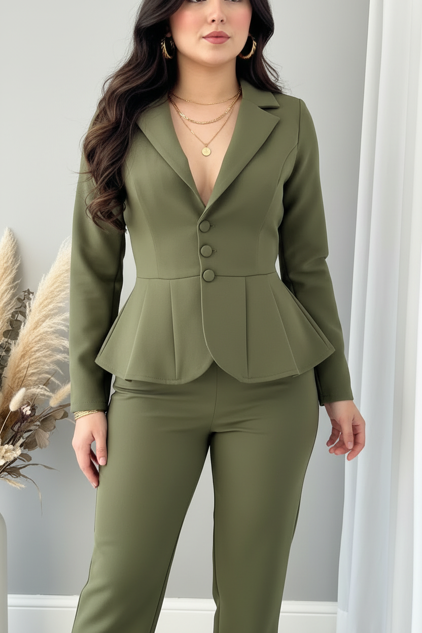 Traje Verde Olivo Blazer Peplum y Pantalón Recto cod.C371
