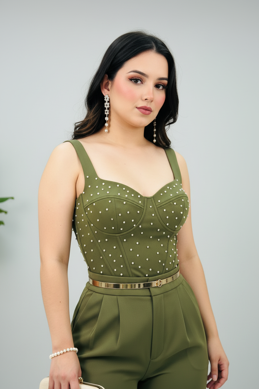 Conjunto Verde Oliva Bustier con Perlas Doradas y Pantalón Palazzo cod.554