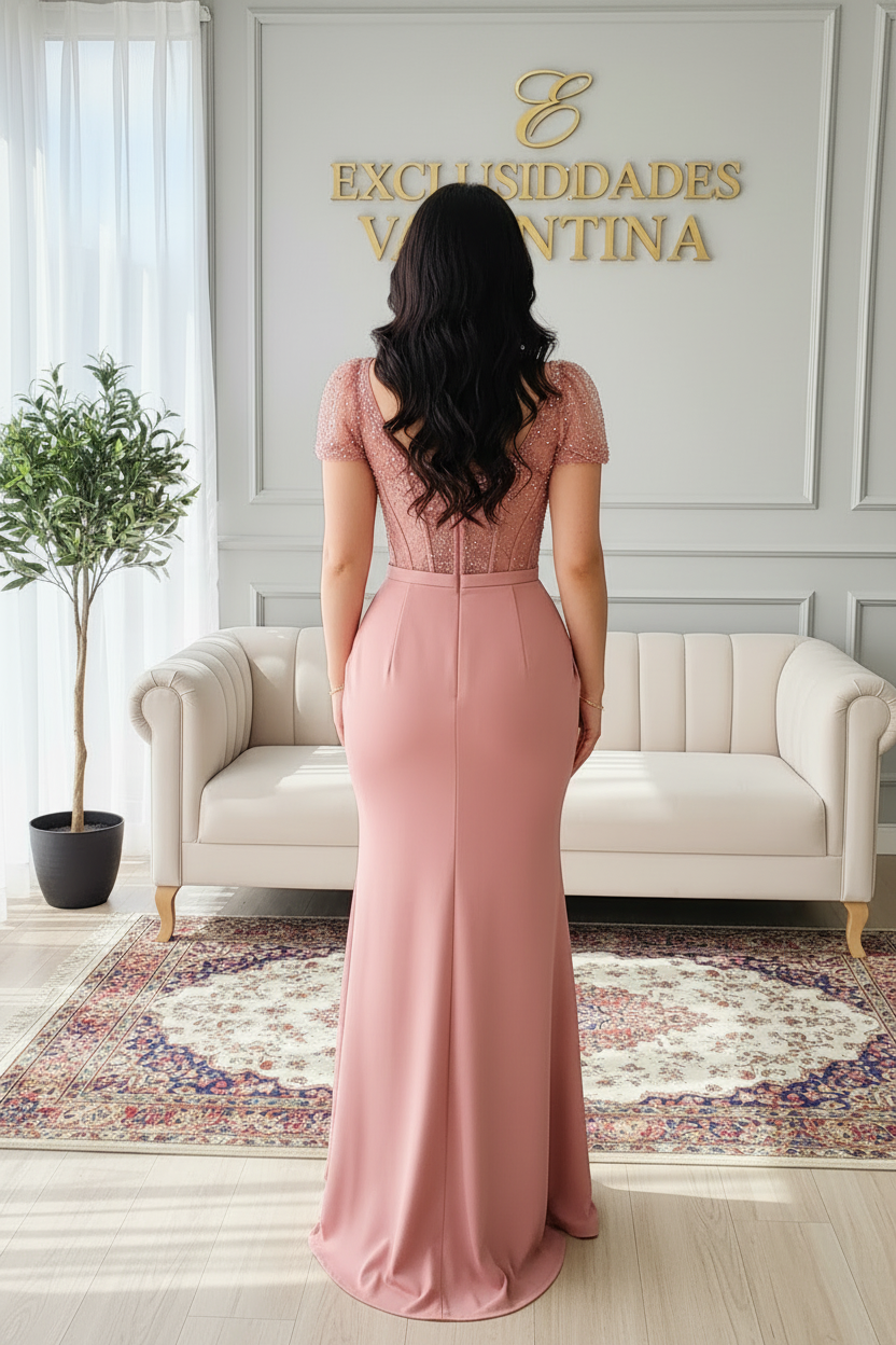 Vestido Rosa Palo — Corset Bordado con Pedrería y Drapeado Sirena cod.V631