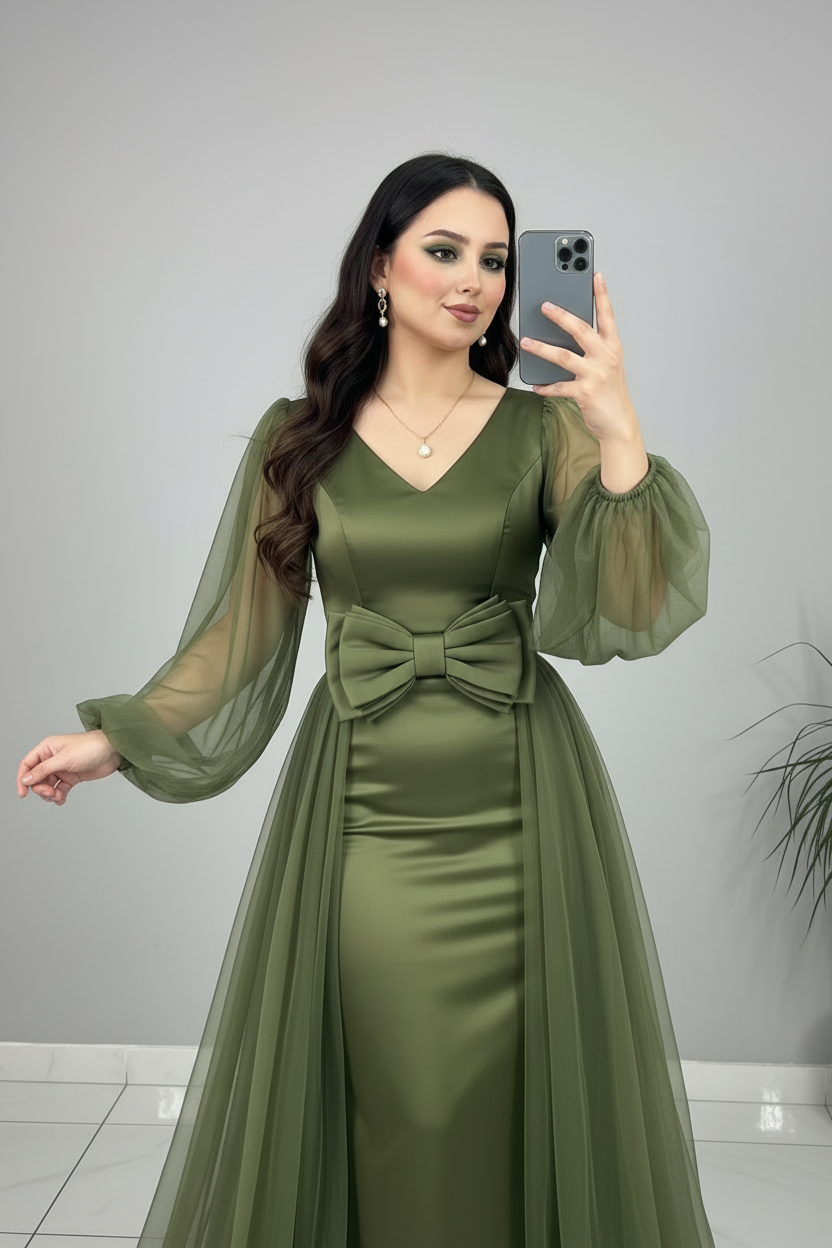 Vestido Verde Olivo Satén Tul Lazo cod.605