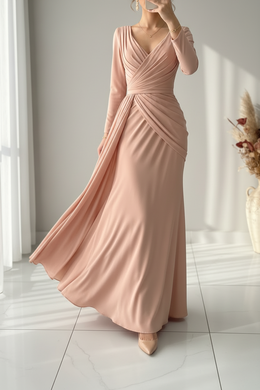 Vestido Rosa Palo Gala Escote V Manga Larga Drapeado cod.V581
