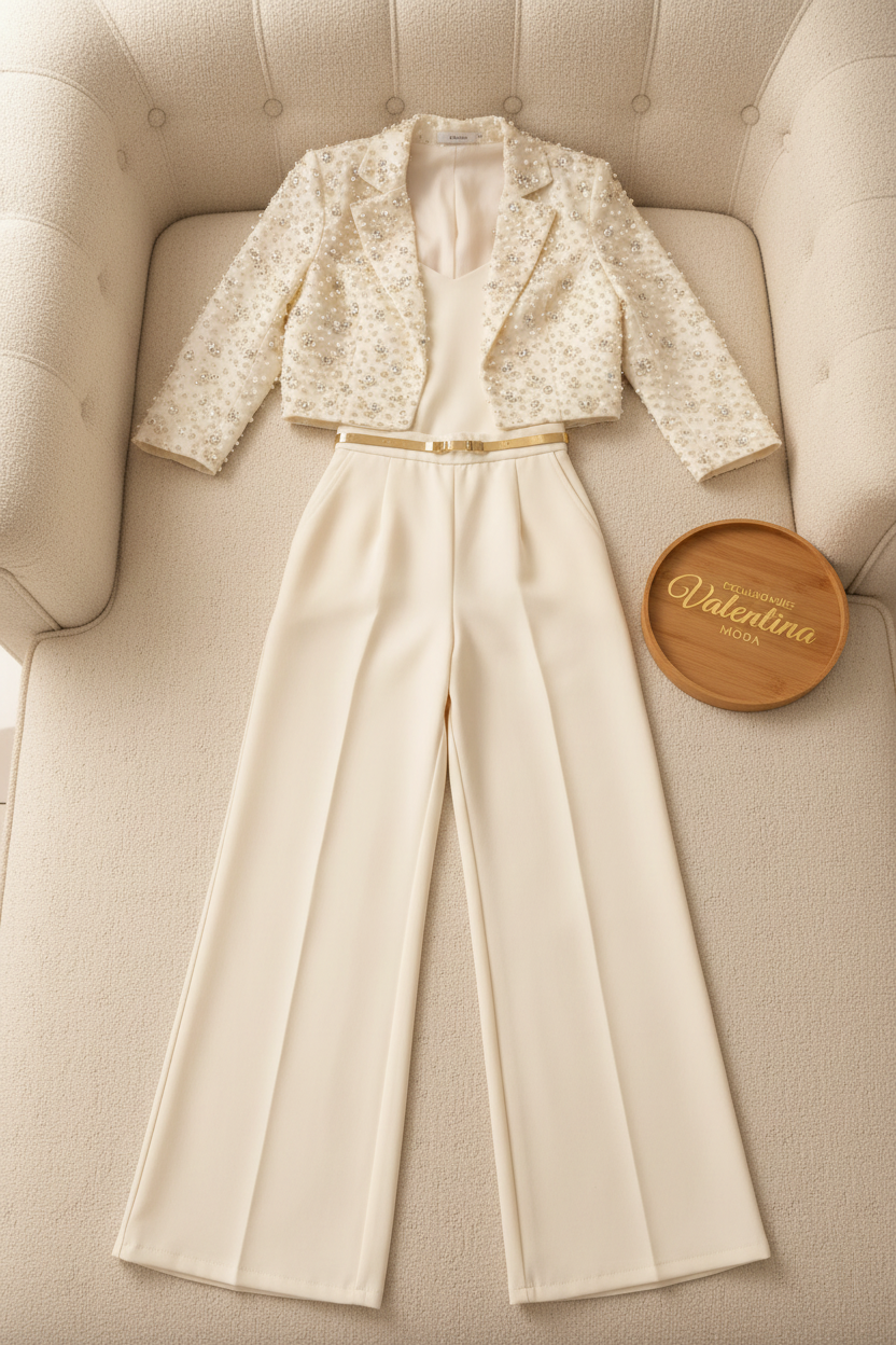 Conjunto Crema Blazer Flores de Perlas y Cristales cod.642