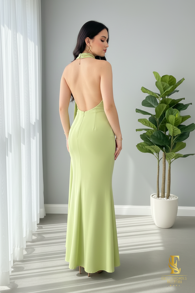 Vestido Verde Lima — Halter Cut-Out con Drapeado Lateral Siren cod.0048