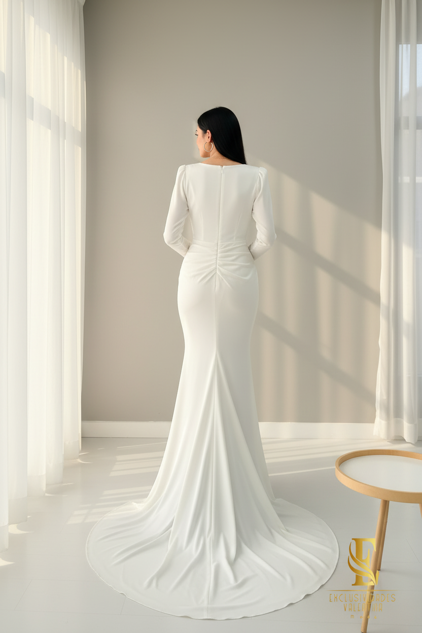 Vestido Blanco Satinado Sirena Escote V Cruzado cod.00174