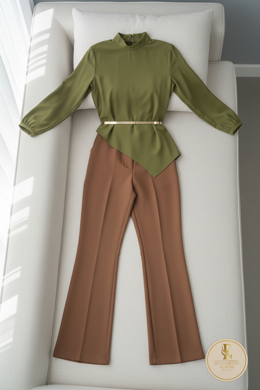 Blusa Verde Oliva Cuello Alto Manga Larga Dobladillo Asimétrico cod.759