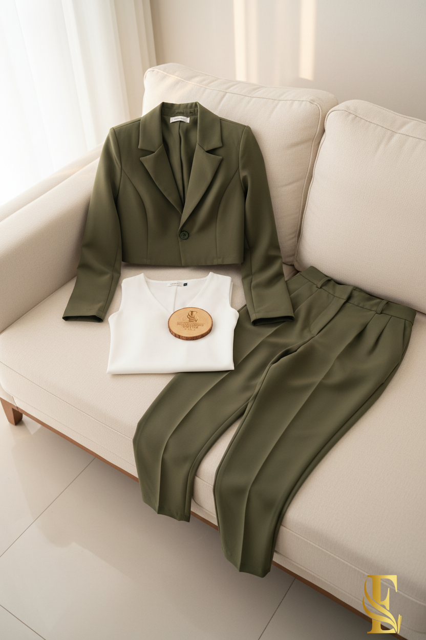 Conjunto Verde Olivo Blazer Crop Pantalón Pinzas Tiro Alto cod.00114