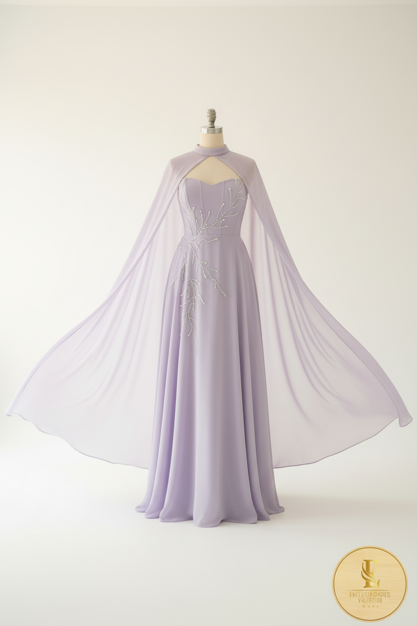 Vestido Lila Lavanda Strapless A-Line Capa Halter Bordados Cristal cod.00107