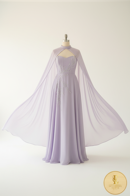 Vestido Lila Lavanda Strapless A-Line Capa Halter Bordados Cristal cod.00107