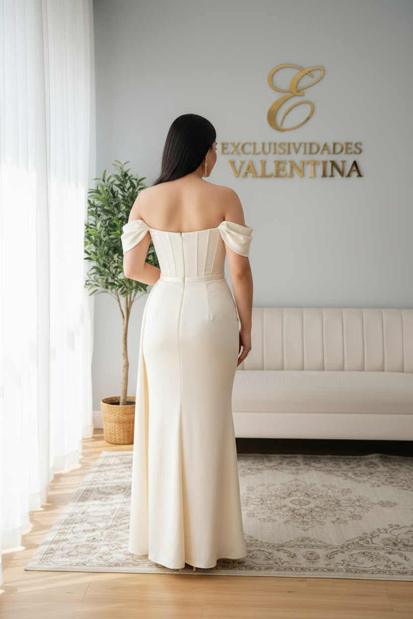 Vestido Ivory Off-Shoulder Corset Drapeado Slit Gala cod.V586