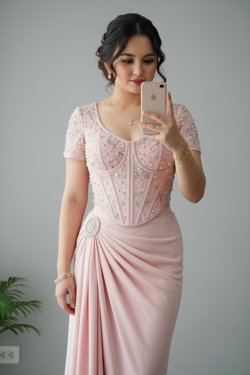 Vestido Rosa Palo Corset con Perlas cod.711