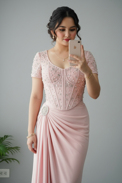 Vestido Rosa Palo Corset con Perlas cod.711