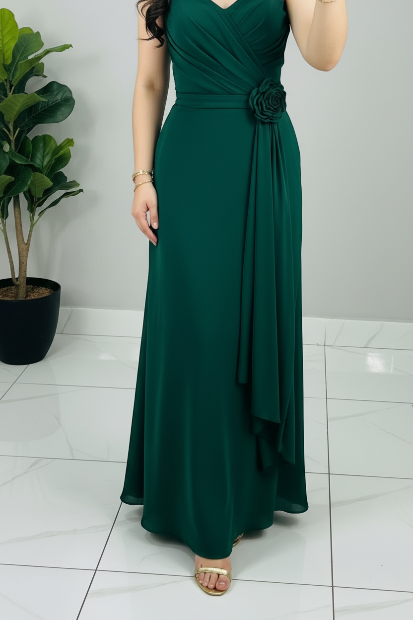 Vestido Formal Verde Esmeralda Strapless con Rosa 3D y Falda Drapeada de Gasa cod.537