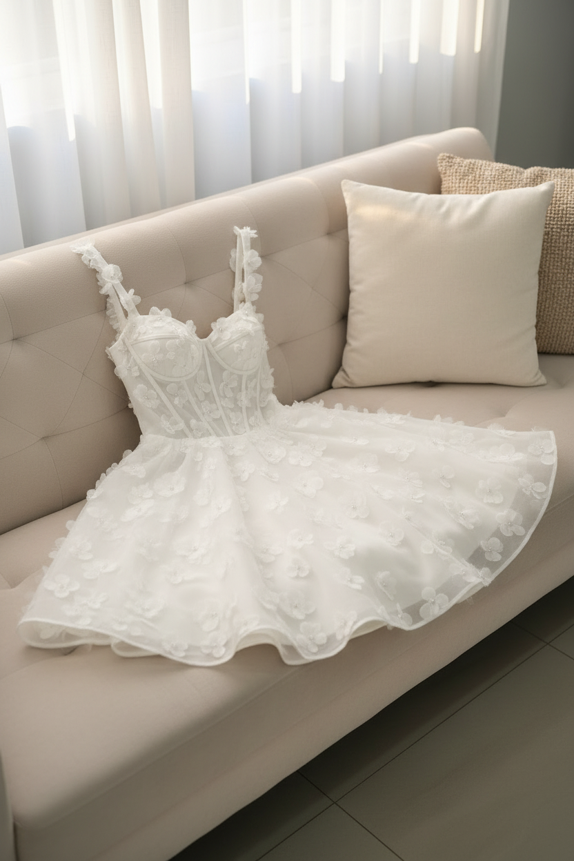 Vestido Corto Blanco Corset con Apliques Florales D cod.V598