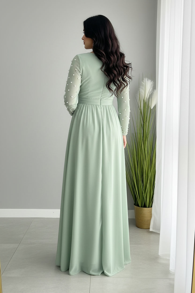 Vestido Verde Salvia Manga Larga Tul Perlas Abertura cod.V892