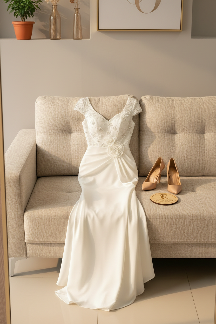 Vestido Formal Blanco con Apliques de Perlas y Flores cod.496