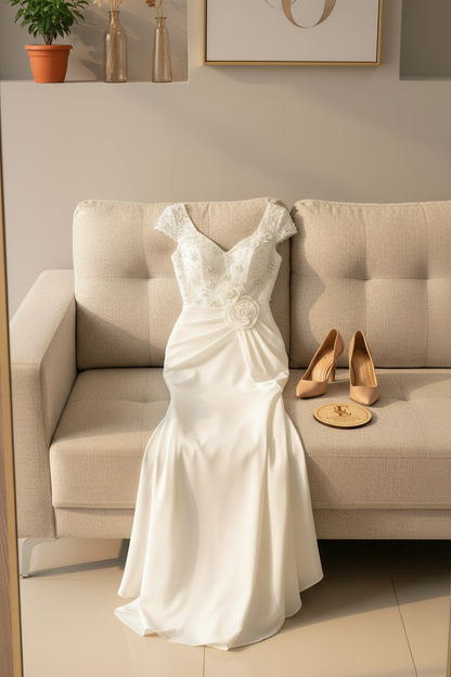 Vestido Formal Blanco con Apliques de Perlas y Flores cod.496