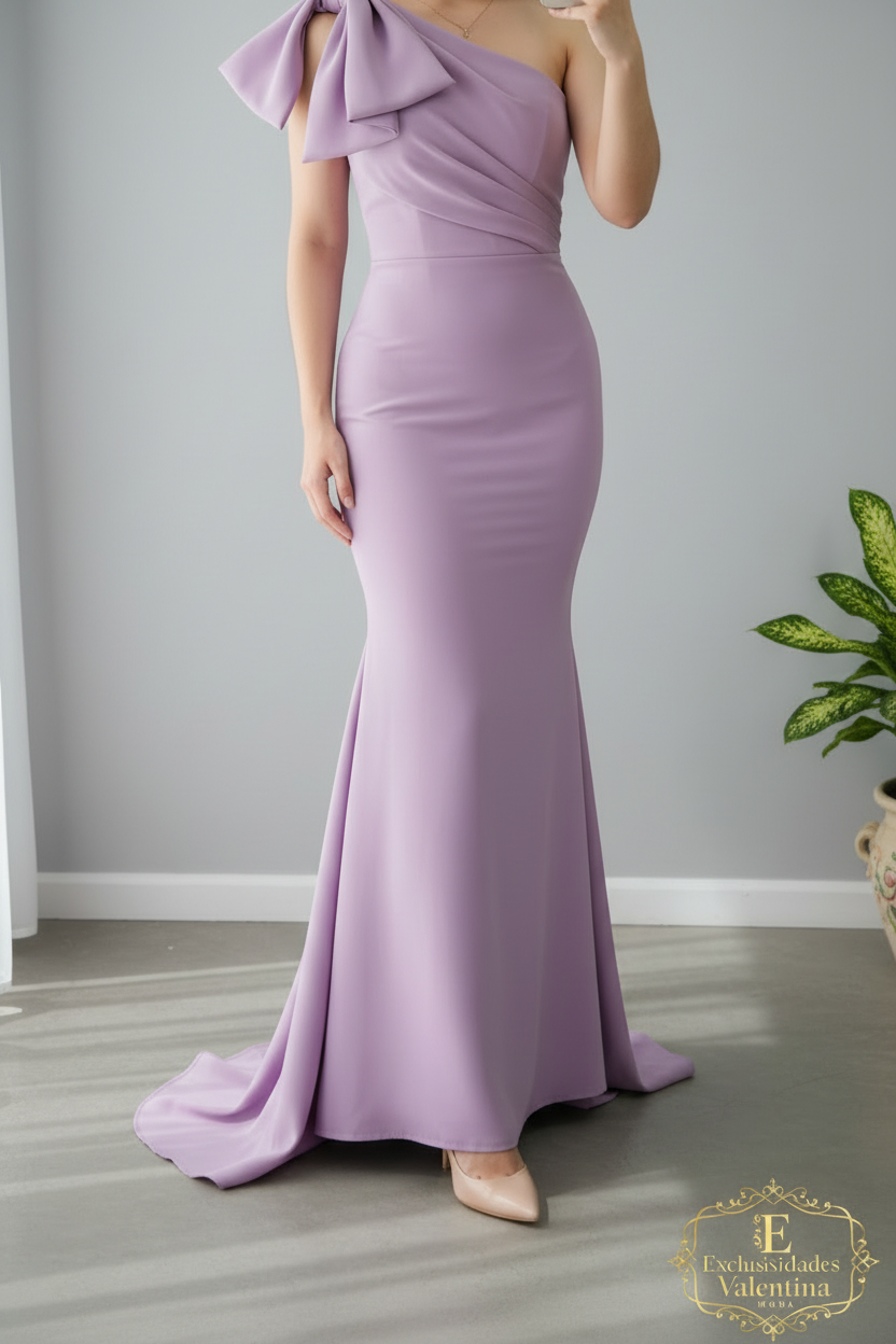Vestido Lila Un Hombro Lazo Estructurado Sirena cod.925