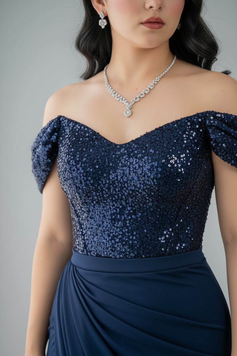 Vestido Azul Marino Off-Shoulder Lentejuelas con Falda Drapeada y Abertura cod.736