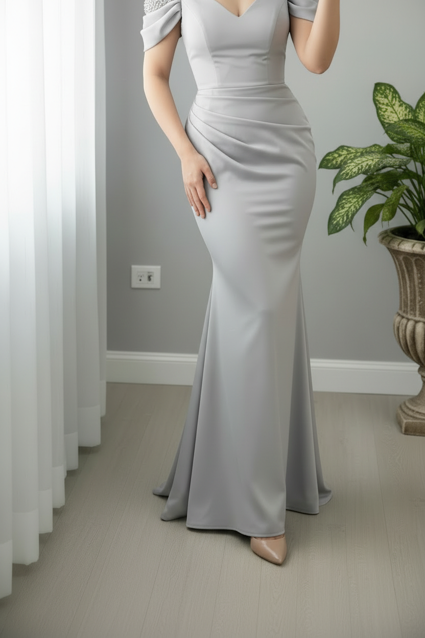 Vestido Gris Plateado Off-Shoulder Perlas cod.0013