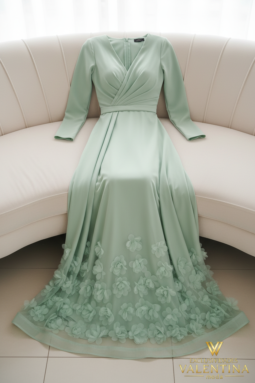 Vestido Verde Menta Manga Larga Escote V con Flores 3D en Ruedo cod.V538