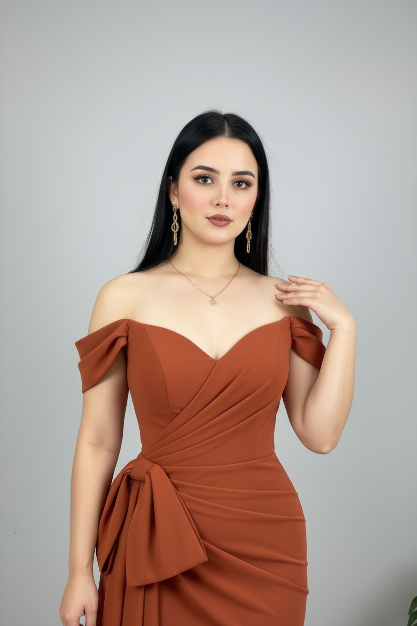Vestido Sirena Terracota Off-Shoulder con Lazo cod.638