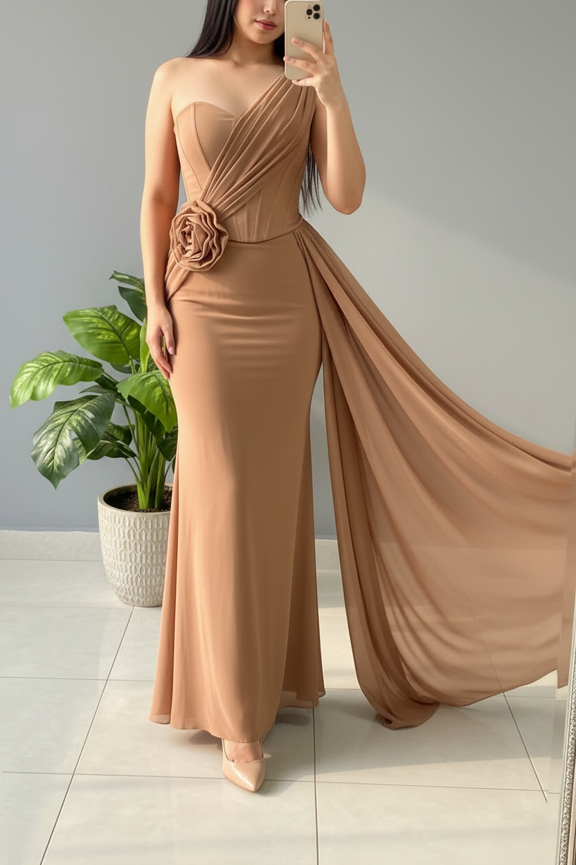 Vestido Camel Drape – Gown Un Hombro con Rosa & Panel Fluido cod.677