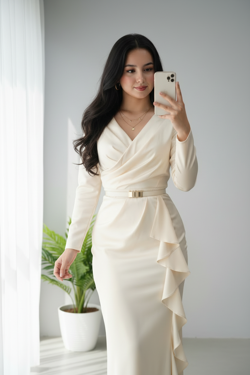 Vestido Ivory Ruffle – Gown Crema Manga Larga Escote V Cruzado con Volantes & Cinturón Dorado cod.690
