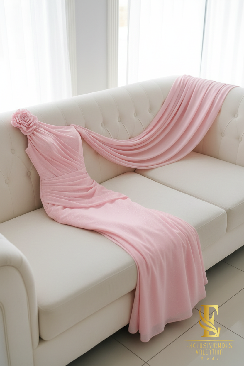 Vestido Sirena Rosa Palo Un Hombro con Rosa Espiral y Capa de Gasa cod.V253