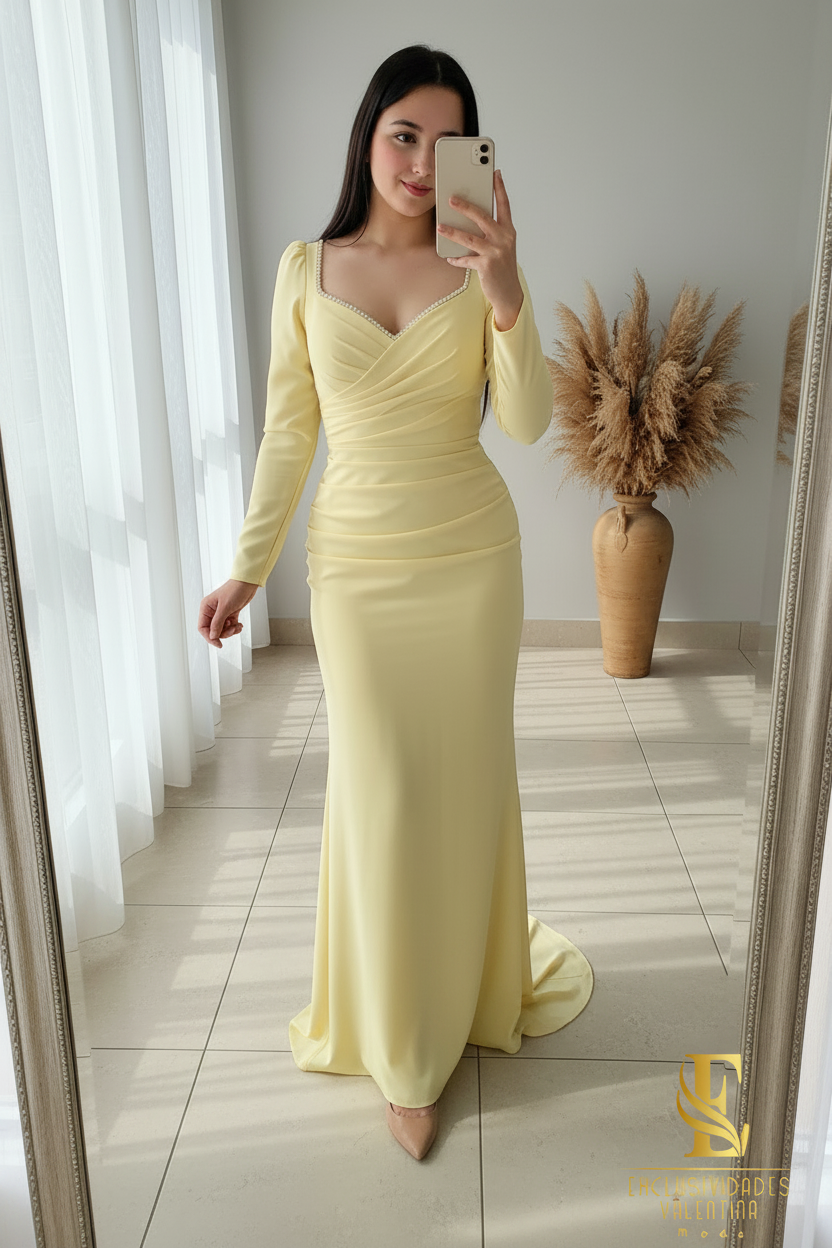 Vestido Sirena Amarillo Pastel | Manga Larga con Pedrería y Drapeado cod.V501