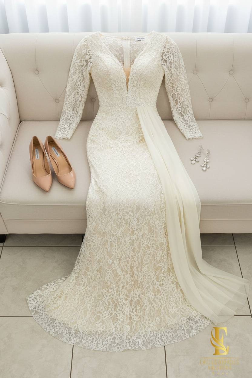 Vestido Ivory Encaje Floral Manga Larga con Tul Drapeado cod.V285