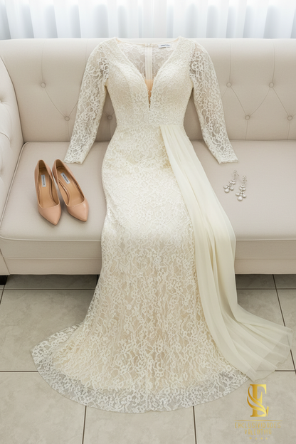 Vestido Ivory Encaje Floral Manga Larga con Tul Drapeado cod.V285