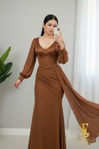 Vestido Café  con Corsét y Capa Chiffon cod.V669
