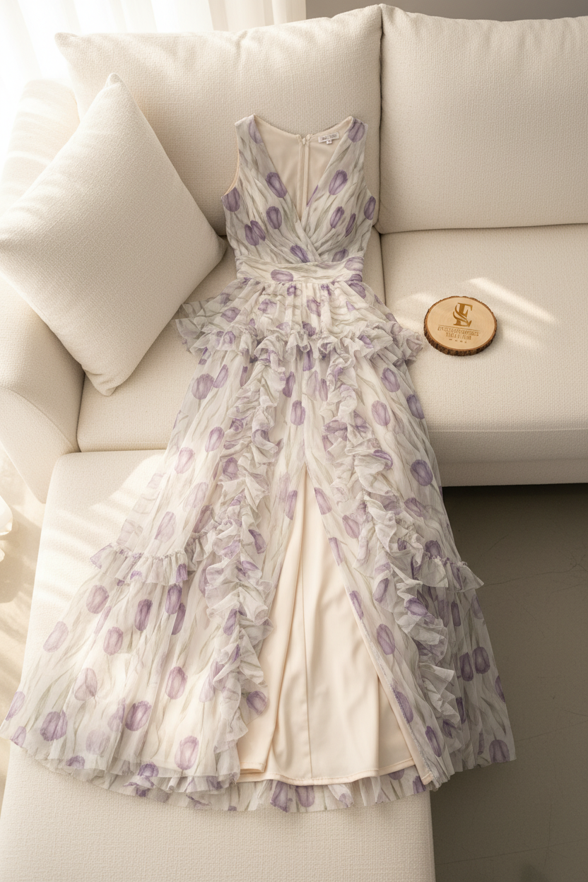 Vestido Tulipanes Lilas — Escote V, Volantes & Abertura cod.869