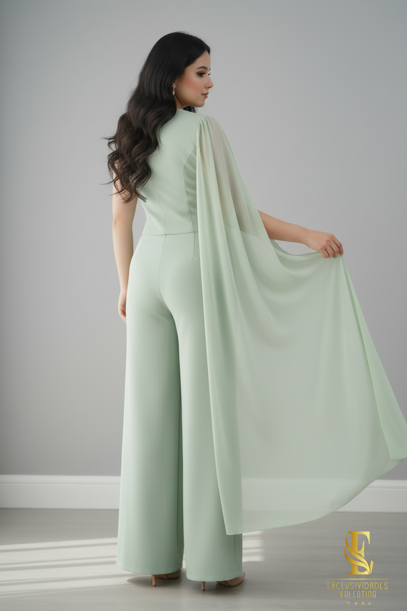 Conjunto Verde Menta — Chaleco Dorado & Palazzo con Capa cod.0027