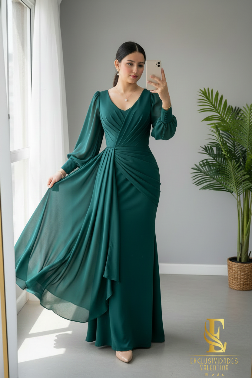 Vestido Verde Esmeralda Chiffon con Mangas Bishop y Capa Drapeada cod.V675