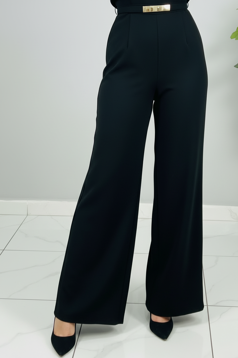 Conjunto Negro Blazer Corto con Perlas y Pantalón Palazzo cod.643