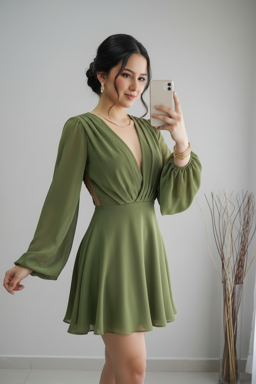 Vestido Verde Oliva Escote V Mangas Globo cod.V314
