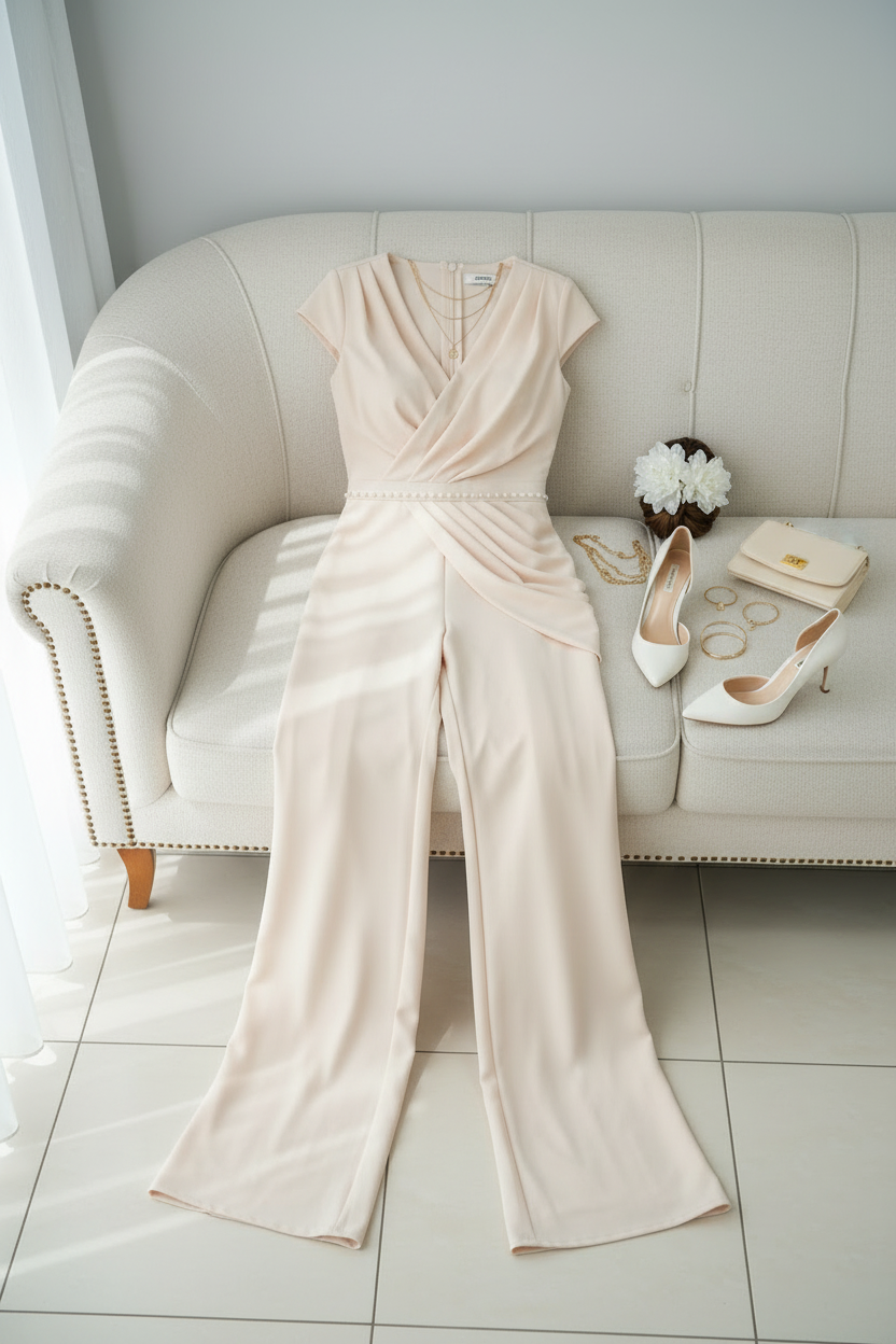 Enterizo Nude Drapeado con Perlas y Pierna Ancha cod.E546