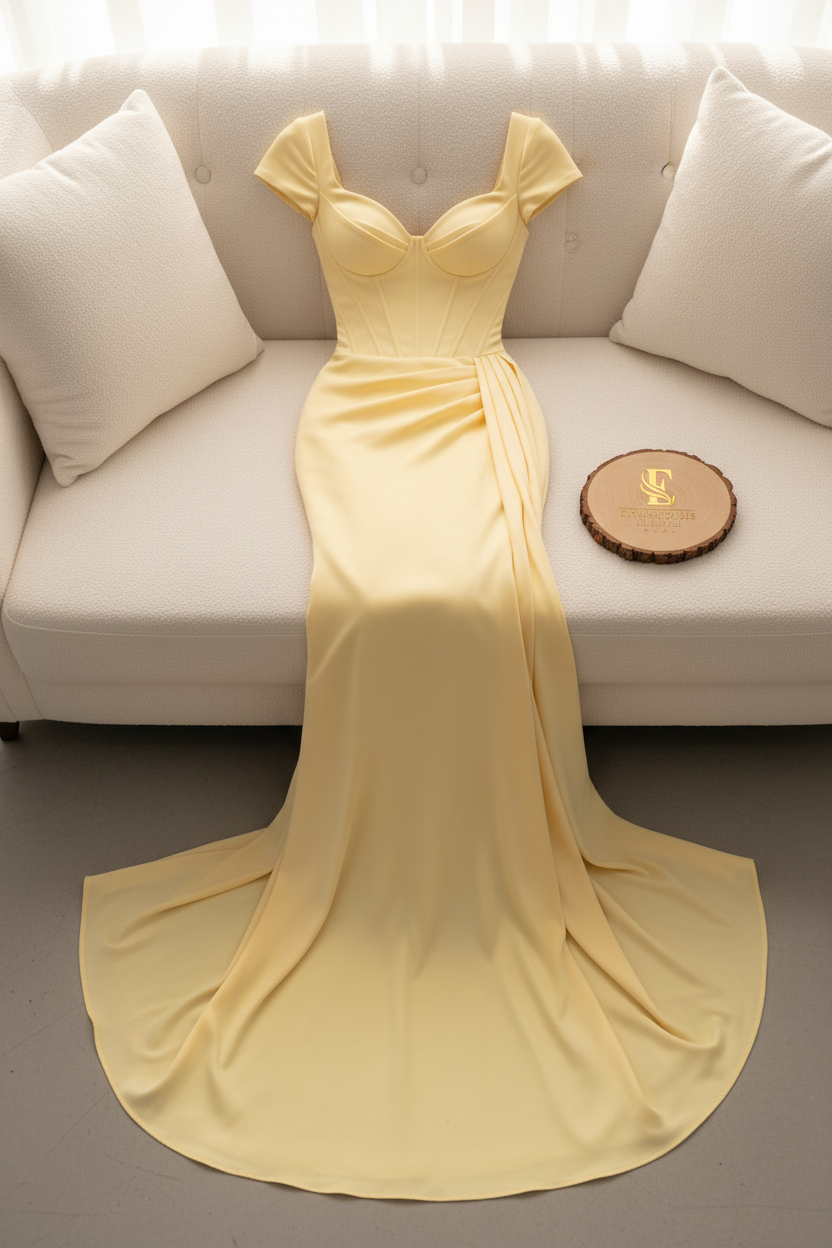 Vestido Sirena Amarillo Pastel — Corset Ballenas, Escote Corazón & Drapeado Lateral cod.884