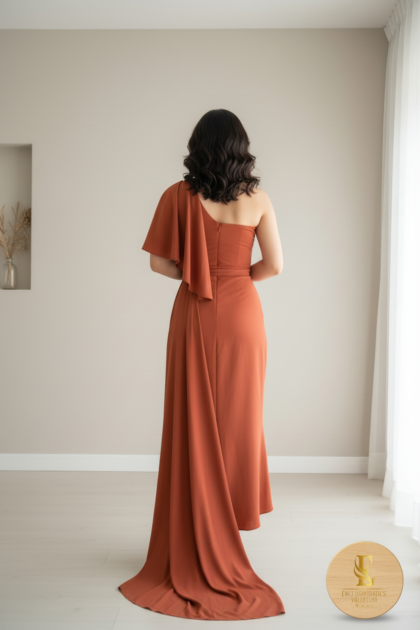 Vestido Terracota Asimétrico Un Hombro cod.0088