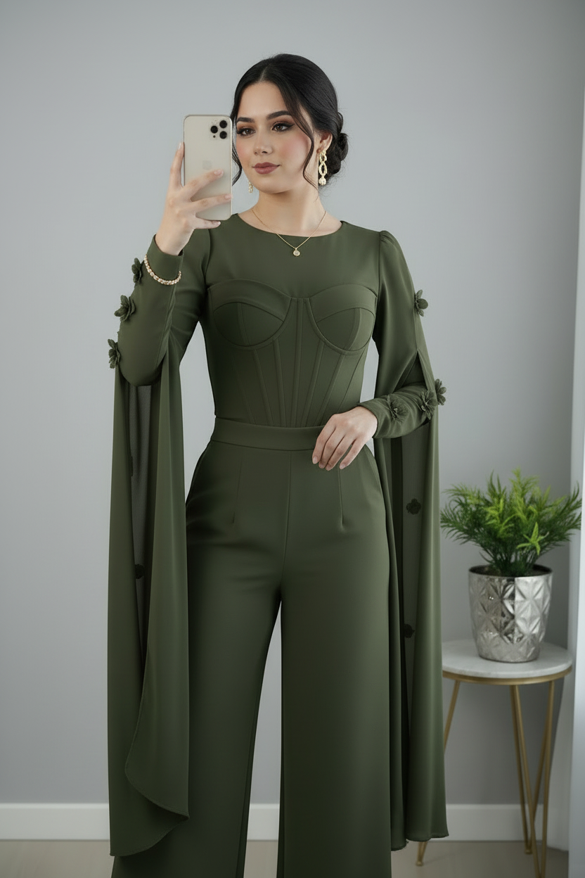 Enterizo Verde Oliva Manga Capa con Rosas 3D Exclusivo cod.801