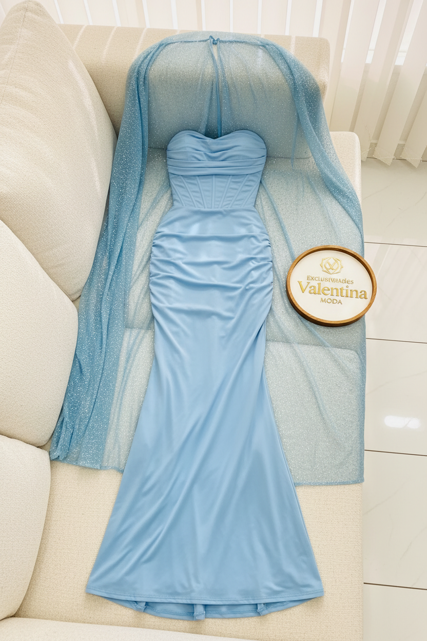 Vestido Azul Cielo Corset con Capa Tul Brillante cod.646