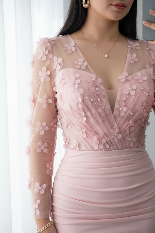 Vestido Rosa Palo Sirena Manga Larga Tul Flores 3D cod.V693